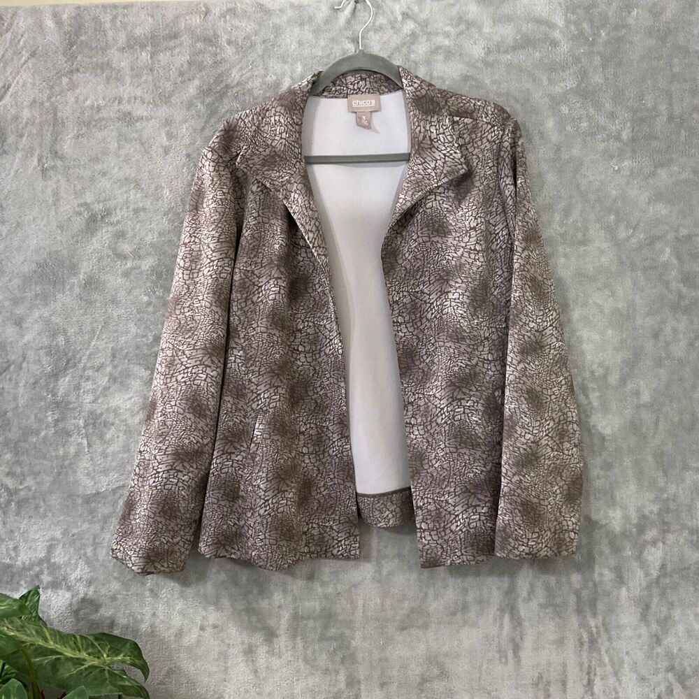 Chico’s Blazer Jacket Size XL Geometric abstract Print Open Front Knit Career